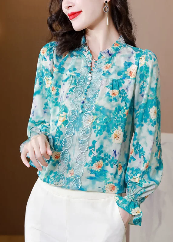 Blue Print Chiffon Shirt Top V Neck Nail Bead Spring