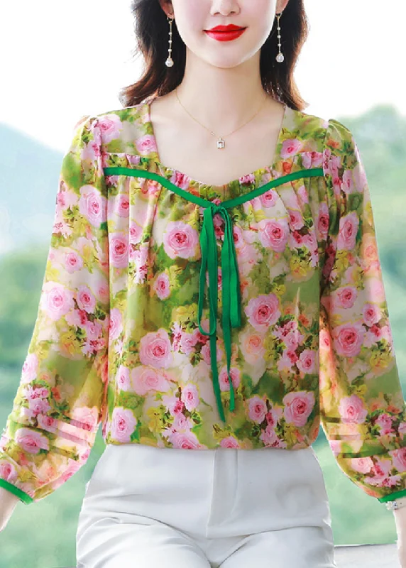 Italian Green Square Collar Bow Print Chiffon Tops Summer