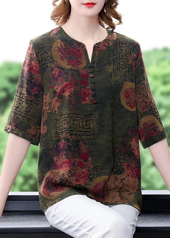 Green O-Neck Button Silk T Shirts Summer