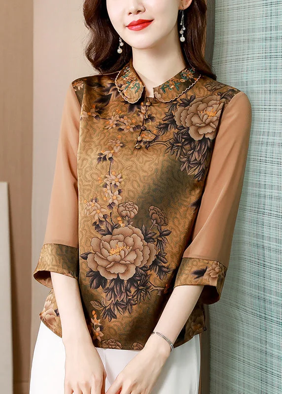 Organic Khaki Peter Pan Collar Print Silk Shirt Spring