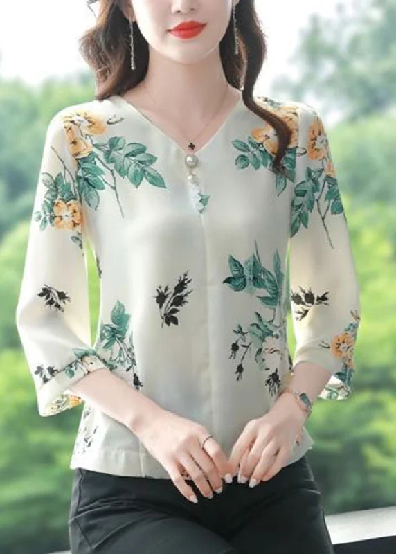 Green Leaf Print Chiffon Shirts V Neck Nail Bead Bracelet Sleeve