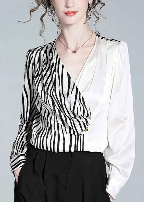 French V Neck Striped Patchwork Silk Shirt Tops Long Sleeve