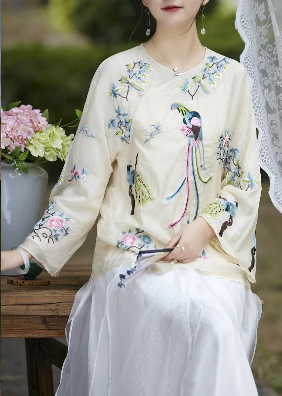 Italian Apricot Embroideried Button Silk Shirts Long Sleeve