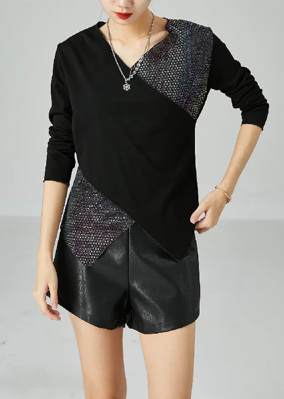 Slim Fit Black V Neck Patchwork Zircon Cotton Blouses Spring