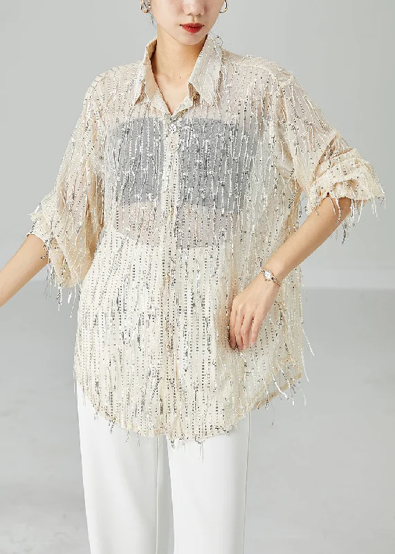 Women Apricot Sequins Tassel Tulle UPF 50+ Shirt Top Summer