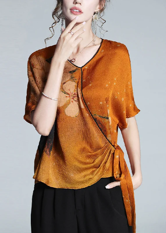 Fitted Orange V Neck Print Tie Waist Silk T Shirt Summer