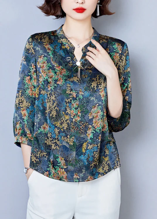 Loose Blue V Neck Print Silk Shirt Spring