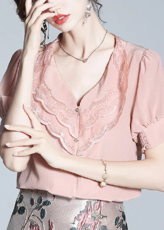 Cute Pink V Neck Embroideried Button Silk Shirt Short Sleeve