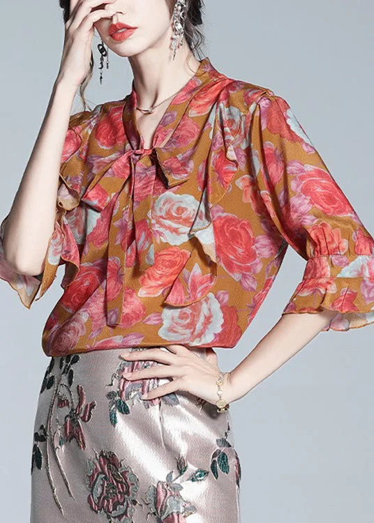 Women Red V Neck Print Bow Silk Shirt Half Sleeve