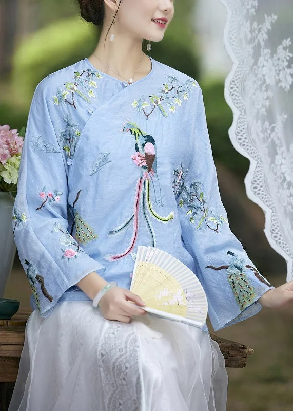 Light Blue O-Neck Nail bead Silk Shirt Spring