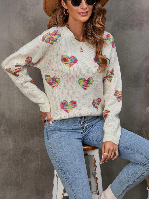 Heart Round Neck Ribbed Trim Sweater