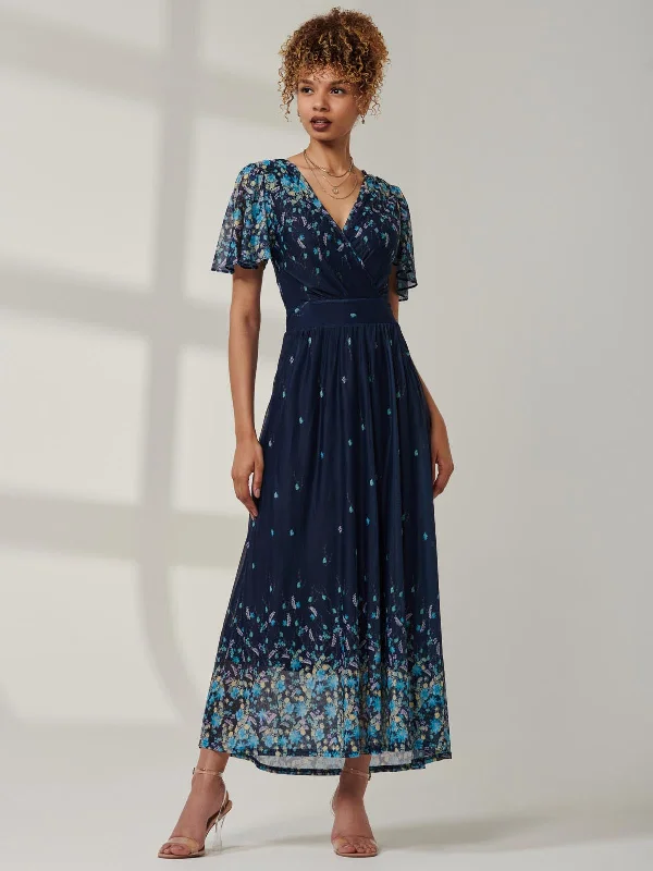 Mirrored Mesh Angel Sleeve Maxi Dress, Blue Floral