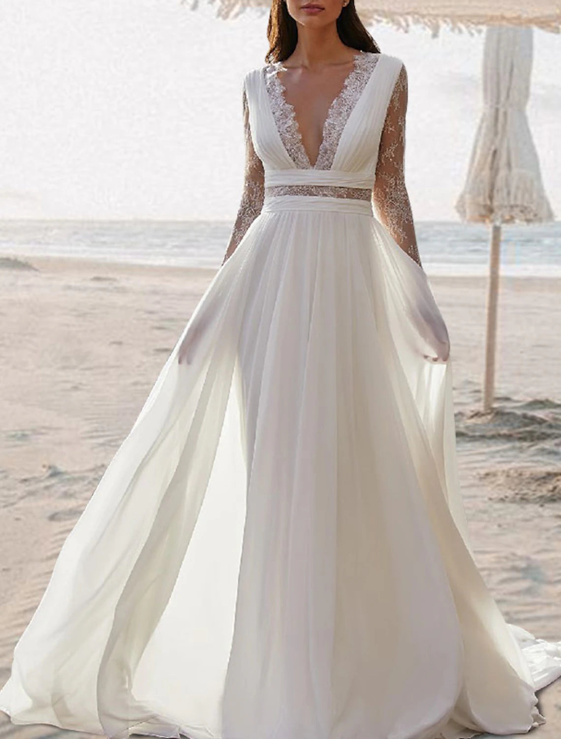 DingJiDress Beach Open Back Boho Wedding Dresses A-Line V Neck Sleeveless Floor Length Chiffon Bridal Gowns With Pleats