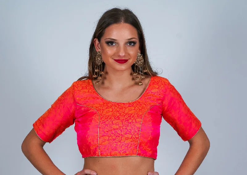 Bright Pink Brocade Silk Crop Top