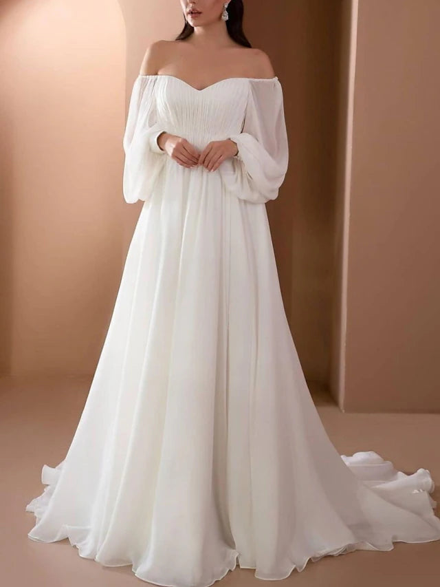 DingJiDress Beach Vintage Wedding Dresses A-Line Off Shoulder Long Sleeve Court Train Chiffon Bridal Gowns With Pleats Beading