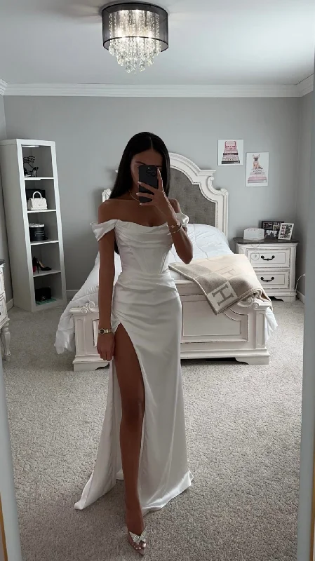 OFF WHITE SATIN OFF SHOULDER MAXI DRESS