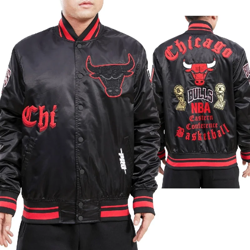 NBA CHICAGO BULLS OLD ENGLISH LOGO MEN'S SATIN JACKET (BLACK/RED/BLACK)