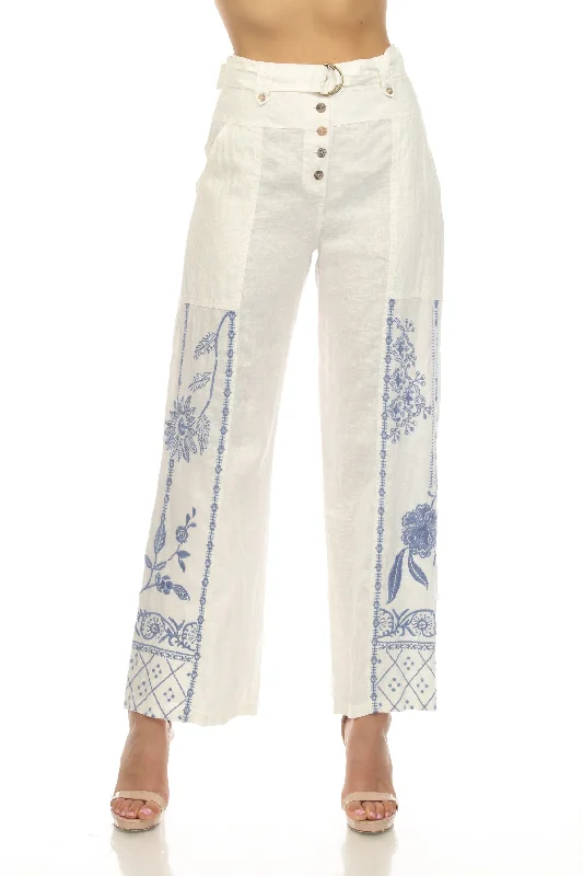 Johnny Was JWLA White Lyra Linen Belted Wide Leg Pants Boho Chic J66523