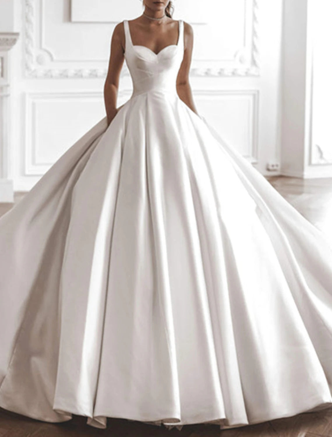 DingJiDress Royal Style Formal Wedding Dresses Ball Gown Square Neck Sleeveless Chapel Train Satin Bridal Gowns