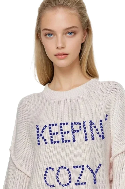 Chunky Cotton Blend Pullover Sweater- Cross Stitch "Keepin' Cozy" hand embroidery