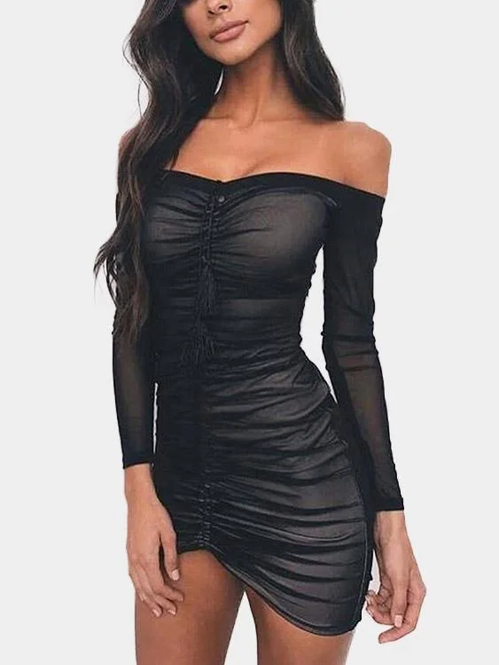 Wholesale Black Off The Shoulder Long Sleeve Sheer Tassel Pleated Irregular Hem Mini Dress