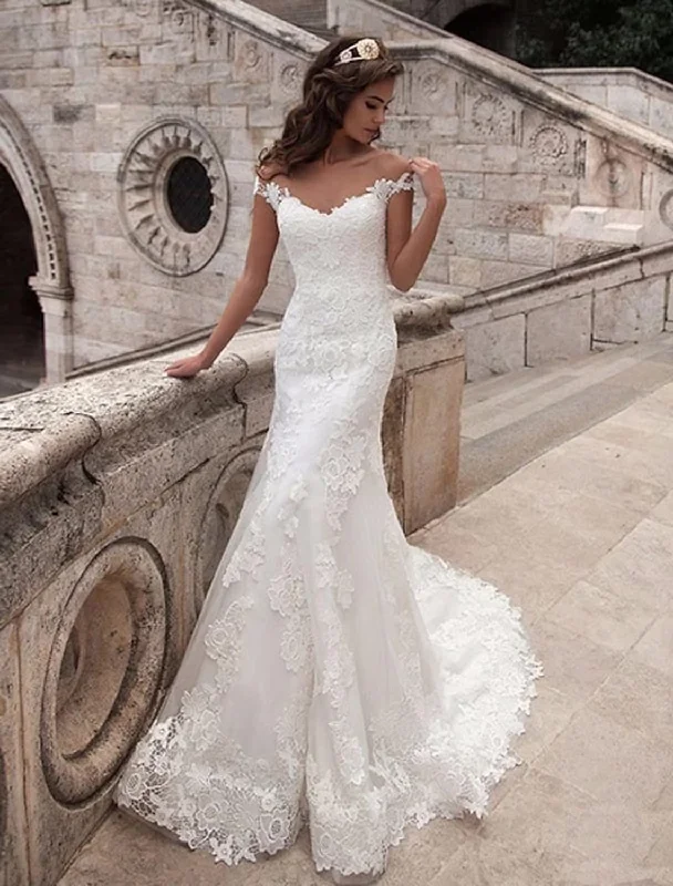 Engagement Open Back Formal Wedding Dresses Court Train Short Sleeve Off Shoulder Lace With Appliques