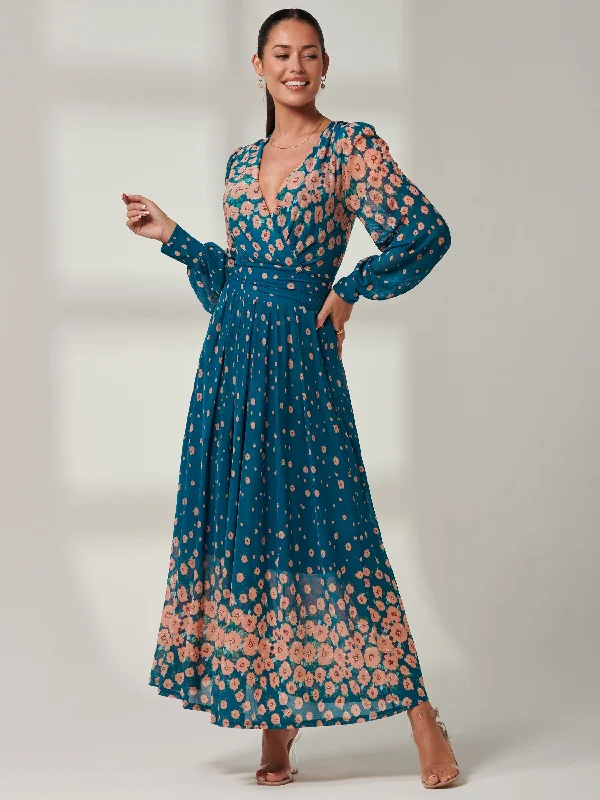 Blossom Long Sleeve Mesh Maxi Dress, Teal Multi