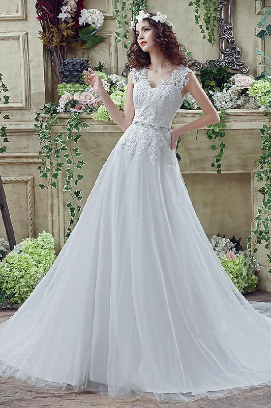 Long V-Neck A-line White Wedding Dress with Appliques