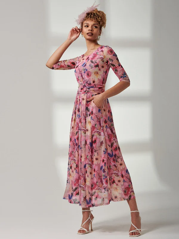 Bella Print 3/4 Sleeve Mesh Maxi Dress, Pink Floral