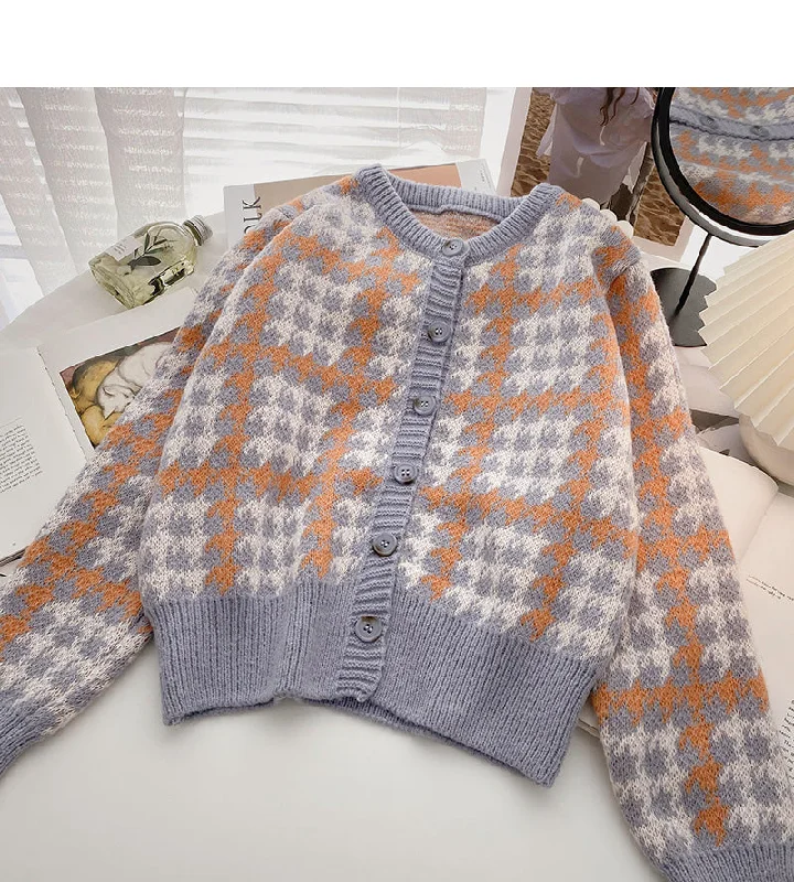 Small fragrance retro color matching thousand bird lattice long sleeve top  5942