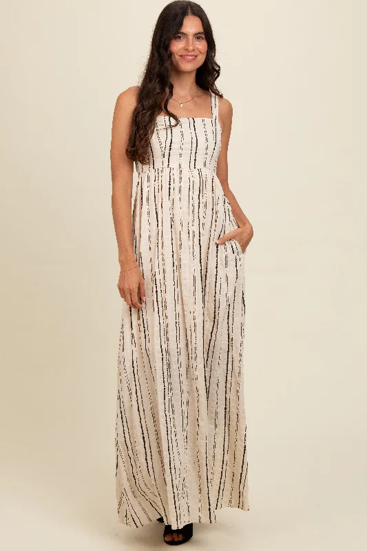 Cream Striped Back Cut Out Maxi Dress