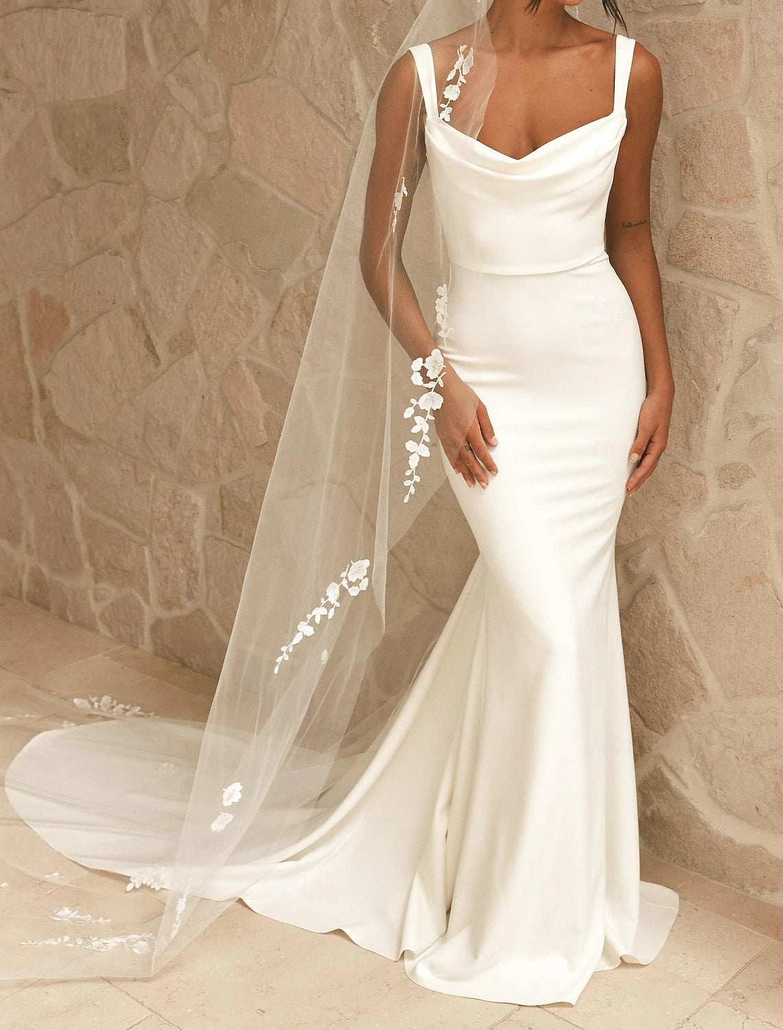 DingJiDress Wedding Dresses Sheath / Column Camisole Spaghetti Strap Court Train Satin Bridal Gowns With Beading