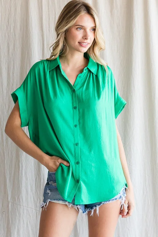 Green Satin Button Front Collared Short Sleeve Top