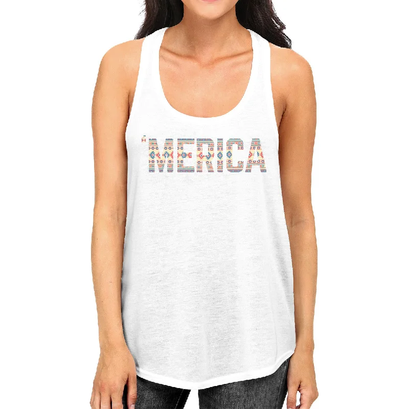 'Merica Womens White Graphic Tank Top Cute Tribal Pattern Design