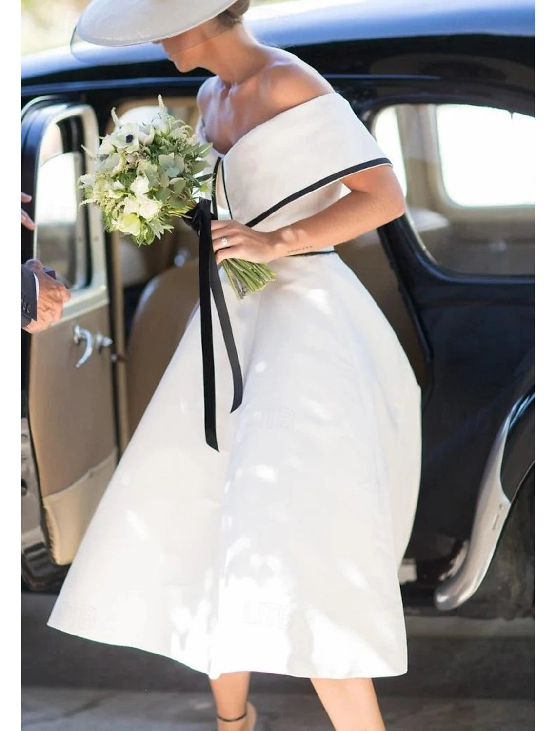 DingJiDress Wedding Dresses A-Line Off Shoulder Short Sleeve Tea Length Stretch Fabric Bridal Gowns