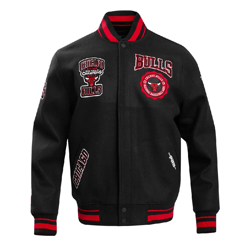 NBA CHICAGO BULLS CREST EMBLEM MEN'S RIB WOOL VARSITY JACKET (BLACK/RED/BLACK)