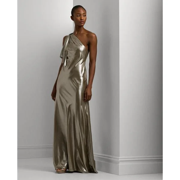 Metallic Chiffon One-Shoulder Gown