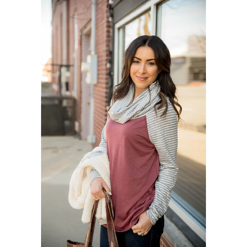 Mauve Body Striped Sleeve Cowl Neck