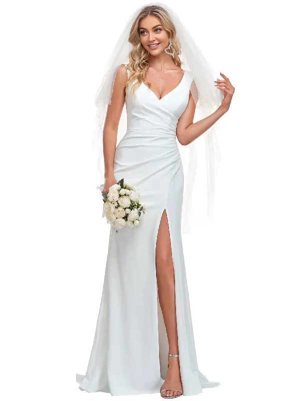 DingJiDress Wedding Dress Classic V-Neck Mermaid Bodycon Slit for Bride Formal Women's Dresses Without a veil