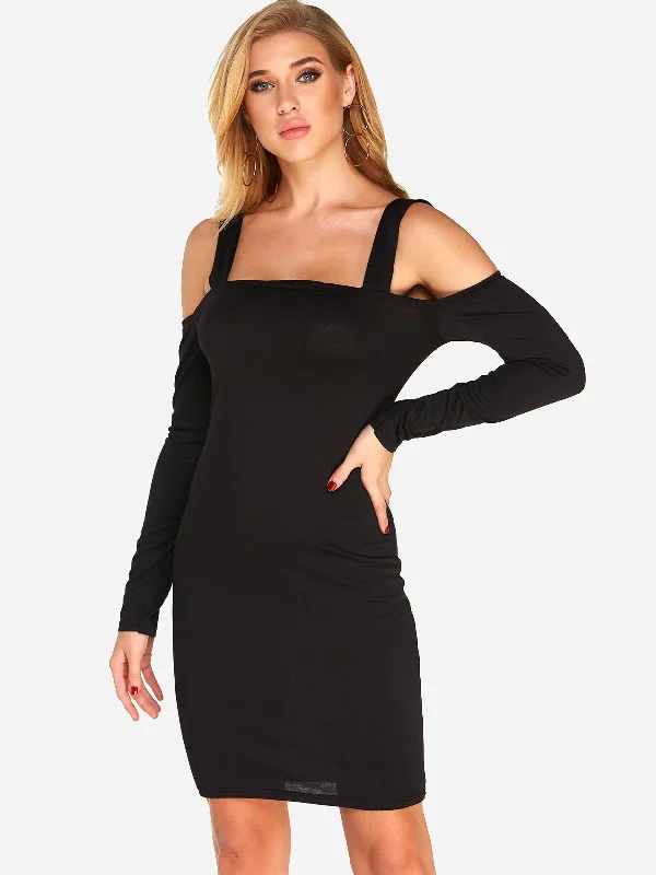 Wholesale Black Cold Shoulder Long Sleeve Plain Mini Dress