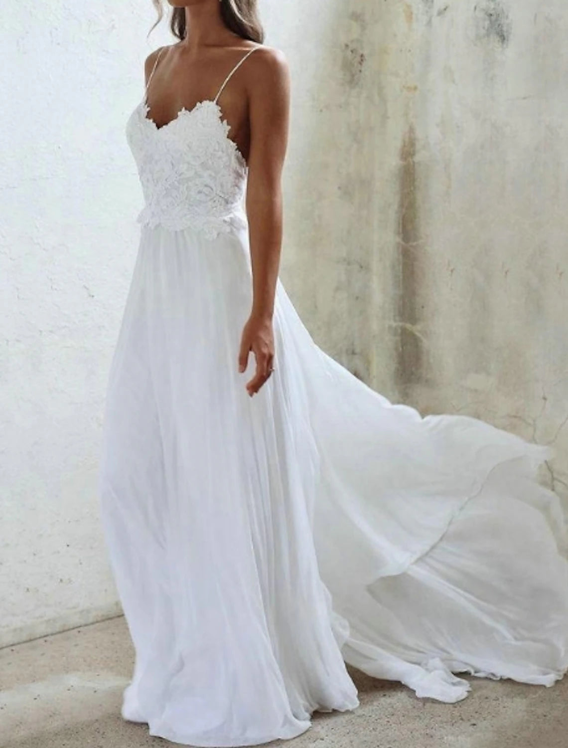 DingJiDress Beach Sexy Boho Simple Wedding Dress A-Line Sweetheart Camisole Spaghetti Strap Sweep / Brush Train Chiffon Bridal Gowns With Pleats Appliques dress to impress Fall Wedding