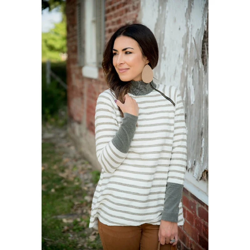 Striped Side Zip Wrap Terry Sweatshirt