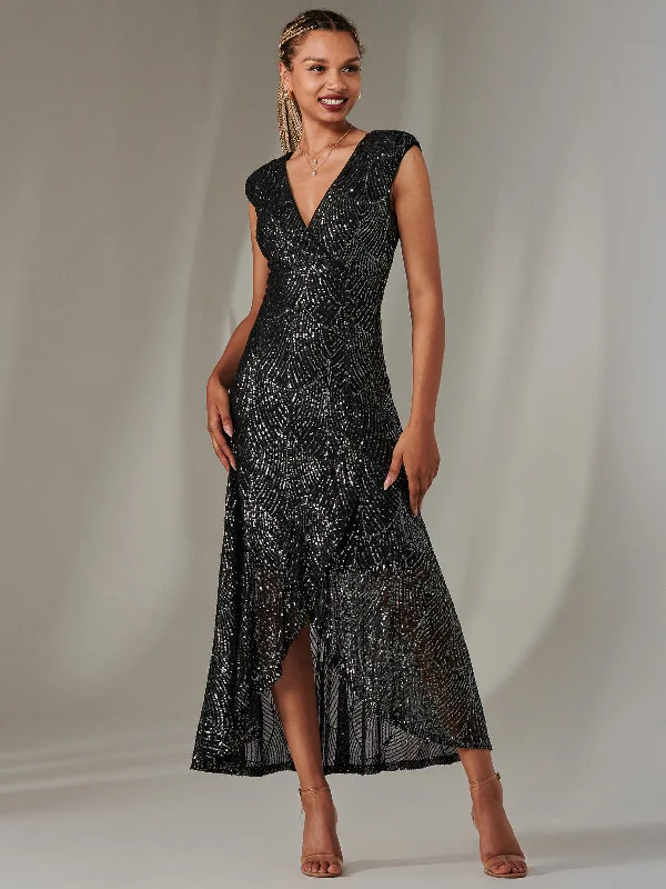 Sequin Ruffle Hem Maxi Dress, Black- Silver