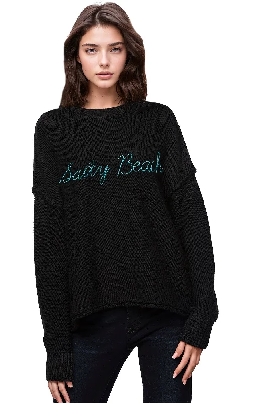 Chunky Cotton Blend Pullover - "Salty Beach" hand embroidery