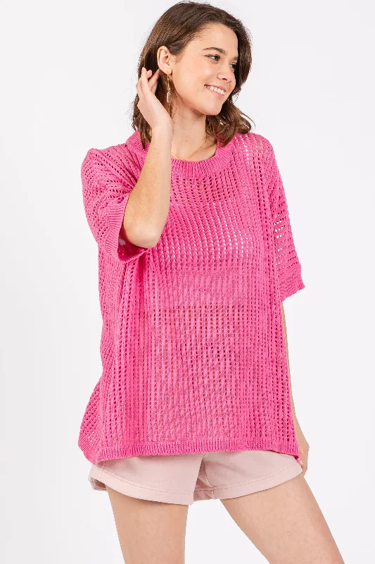 Fuchsia Crochet Knit Short Dolman Sleeve Top