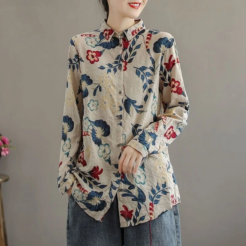 Vintage Printed Long Sleeve Linen Shirts Sporty Women's Tennis