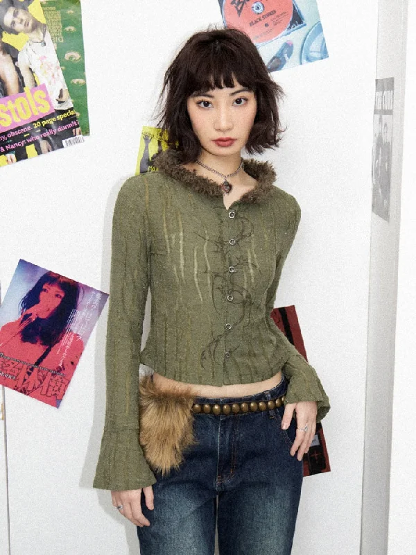 Fur Collar Graphic Print Cardigan【s0000011904】 Cozy Women's Winter