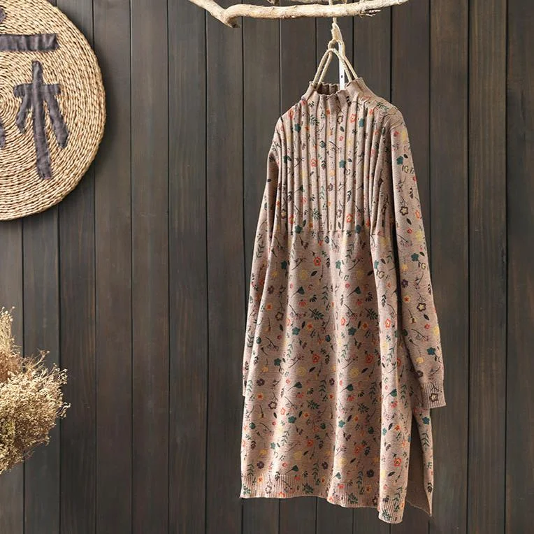 Babakud Women Autumn Retro Floral Printed Cotton Knitted Sweater Dress Laid - back Women's Style Babakud Women Autumn Retro Floral Printed Cotton Knitted Sweater Dress Laid - back Women's Style