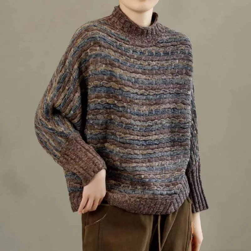 Women Color Block Striped Turtleneck Knitted Sweater Youthful Women's Anime - inspired Women Color Block Striped Turtleneck Knitted Sweater Youthful Women's Anime - inspired