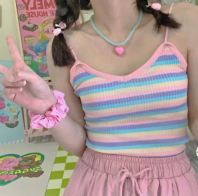 Ins SWEET RAINBOW STRIPE KNIT SUSPENSER VEST BY22348 Elegant Women's Formal 